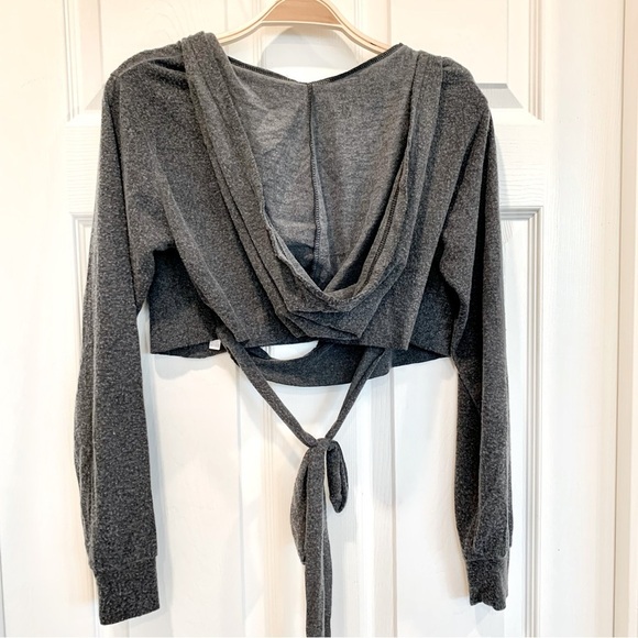 UO Gray Cozy Brushed Knot Steffie Hooded Wrap Crop Top - Picture 8 of 11